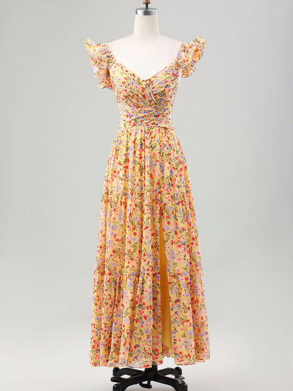 Robe Jaune Fleurie Col en V Plissée avec Fente Coupe Trapèze pour Invitée de Mariage
