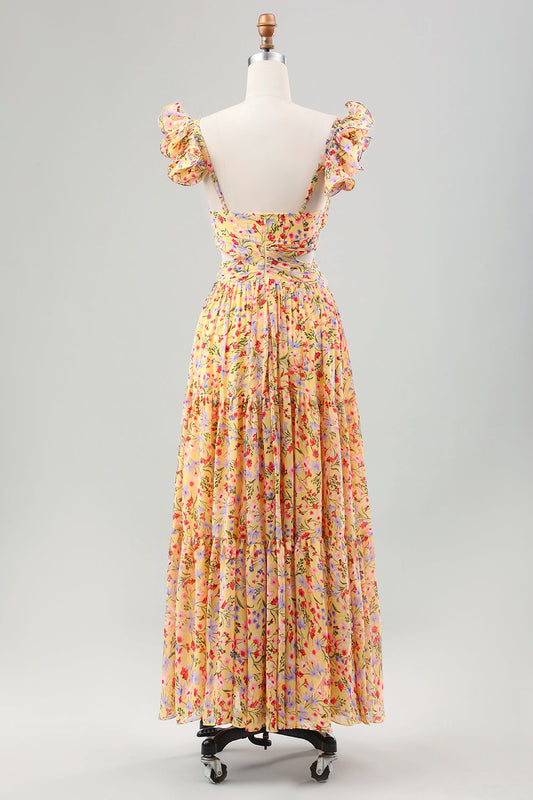 Robe Jaune Fleurie Col en V Plissée avec Fente Coupe Trapèze pour Invitée de Mariage