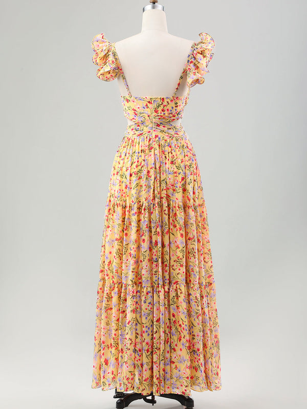 Robe Jaune Fleurie Col en V Plissée avec Fente Coupe Trapèze pour Invitée de Mariage