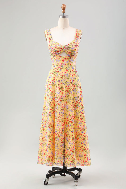 Robe de soirée corset coupe trapèze à fleurs jaunes