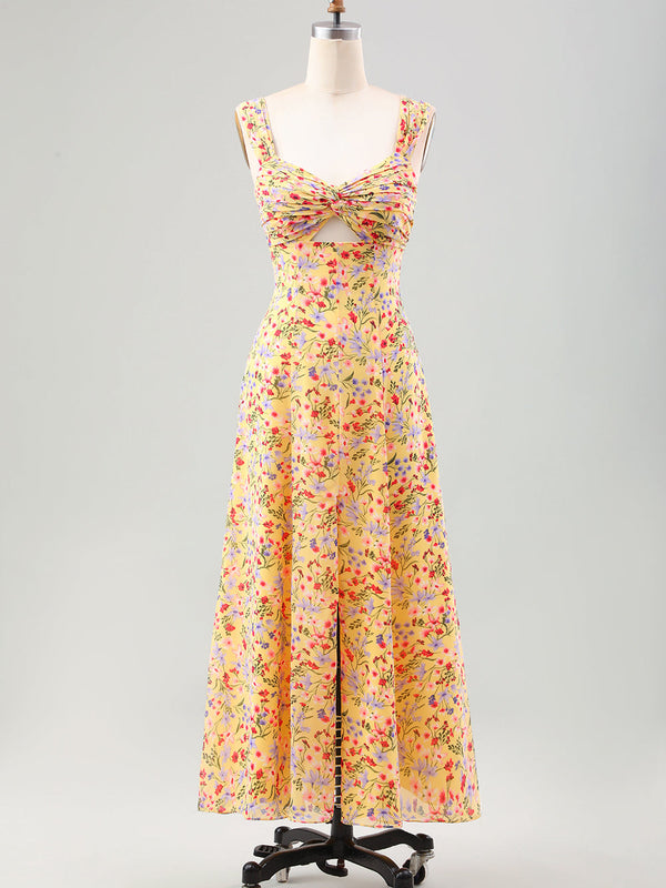 Robe de soirée corset coupe trapèze à fleurs jaunes