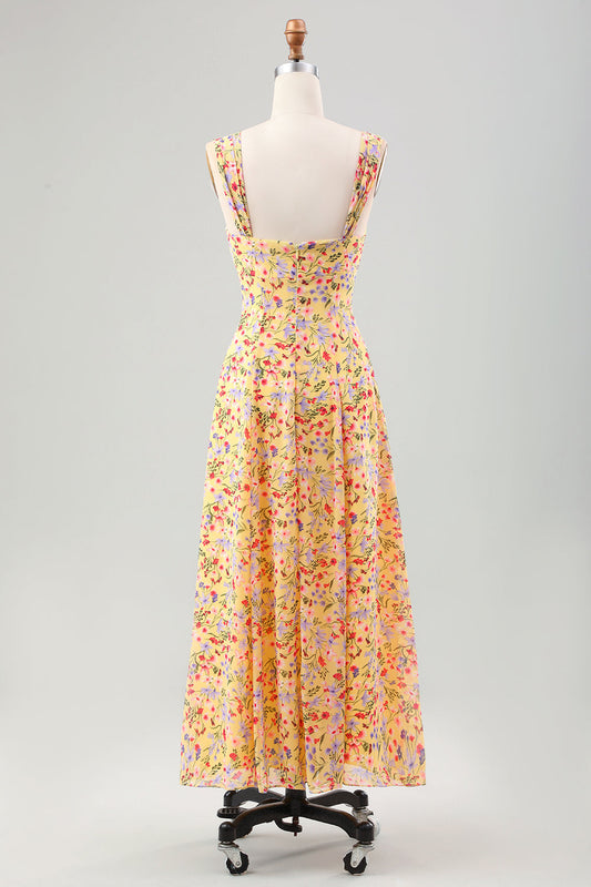 Robe de soirée corset coupe trapèze à fleurs jaunes