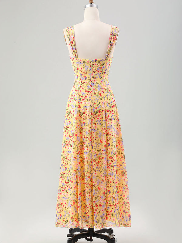 Robe de soirée corset coupe trapèze à fleurs jaunes