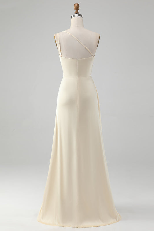 Robe longue de demoiselle d'honneur fourreau asymétrique à une épaule, couleur champagne, avec fente