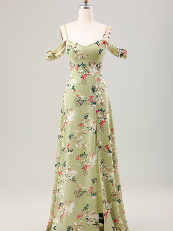 Robe de demoiselle d'honneur fendue trapèze verte à bretelles spaghetti et imprimé floral