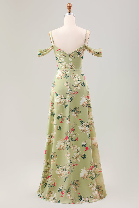 Robe de demoiselle d'honneur fendue trapèze verte à bretelles spaghetti et imprimé floral