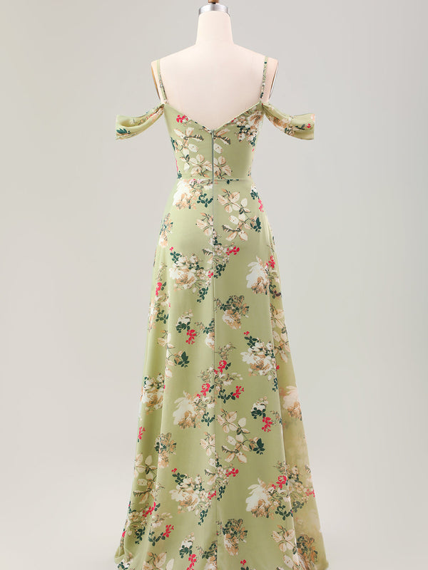 Robe de demoiselle d'honneur fendue trapèze verte à bretelles spaghetti et imprimé floral