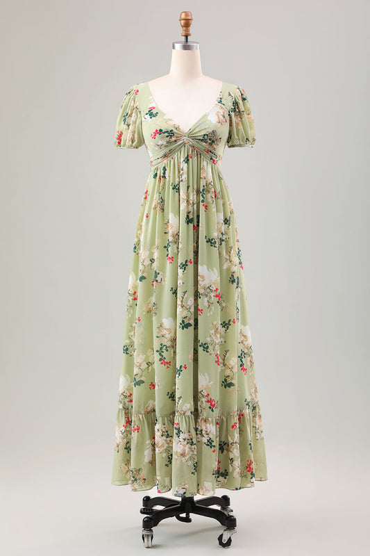 Robe de cocktail verte mi-longue avec encolure en V, manches courtes et coupe trapèze