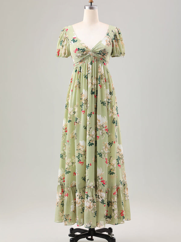 Robe de cocktail verte mi-longue avec encolure en V, manches courtes et coupe trapèze