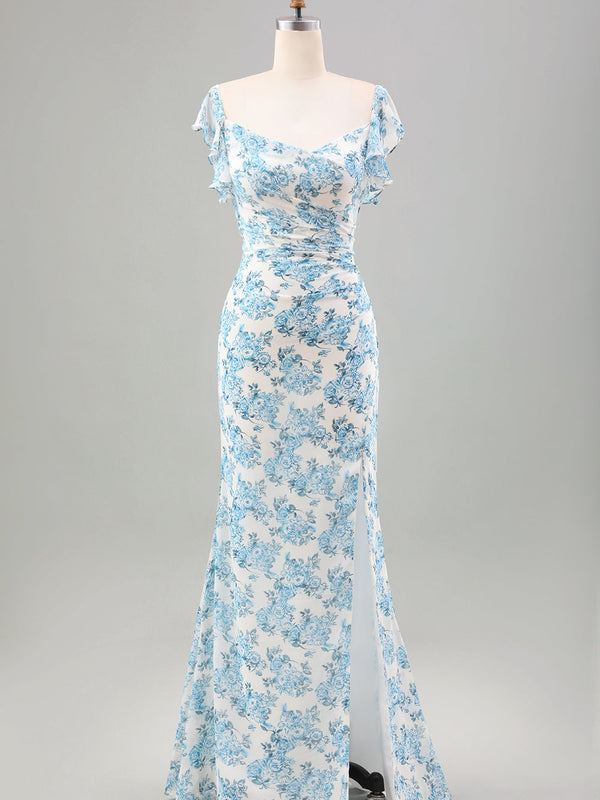 Robe longue de sirène blanche à fleurs bleues avec fente pour invitée de mariage