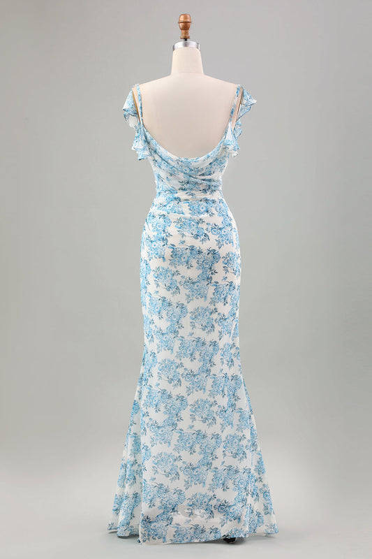 Robe longue de sirène blanche à fleurs bleues avec fente pour invitée de mariage