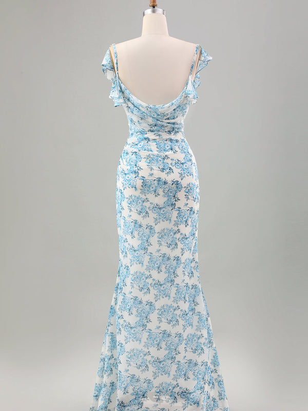 Robe longue de sirène blanche à fleurs bleues avec fente pour invitée de mariage