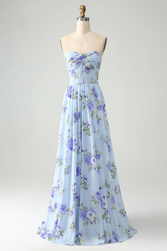 Robe longue de demoiselle d'honneur plissée, bustier, en forme de cœur, ligne A, motif floral bleu