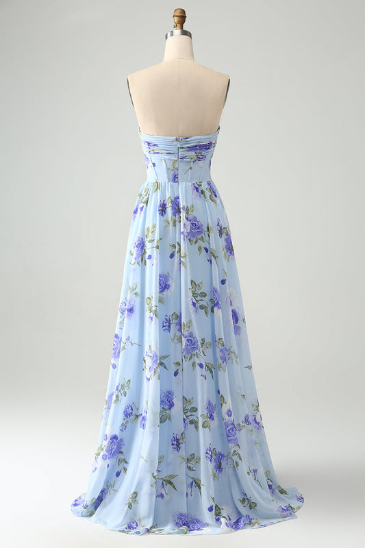Robe longue de demoiselle d'honneur plissée, bustier, en forme de cœur, ligne A, motif floral bleu