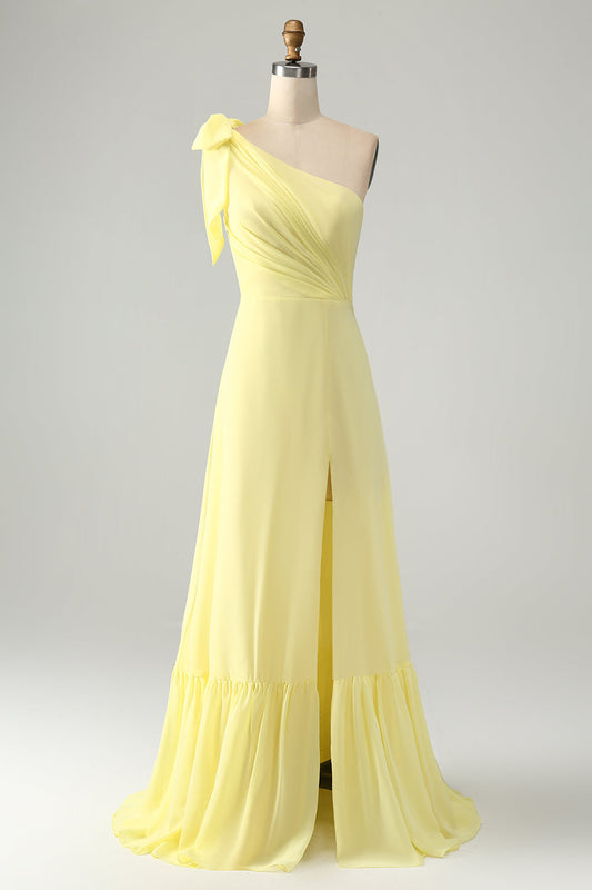 Robe Longue de Soirée Asymétrique Jaune avec Fente pour Invitée de Mariage