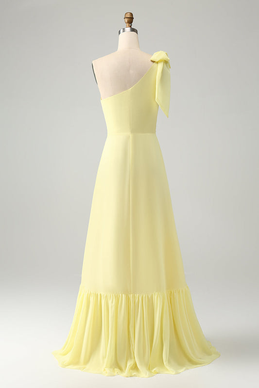 Robe Longue de Soirée Asymétrique Jaune avec Fente pour Invitée de Mariage