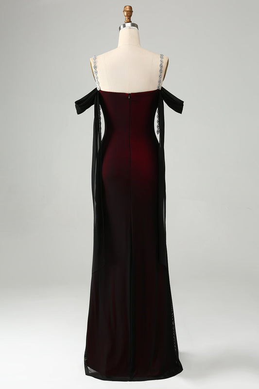 Robe longue de demoiselle d'honneur à épaules dénudées style sirène rouge noir scintillant