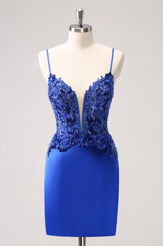 Robe Courte de Soirée Scintillante Bleu Roi à Paillettes avec Dos Lacé