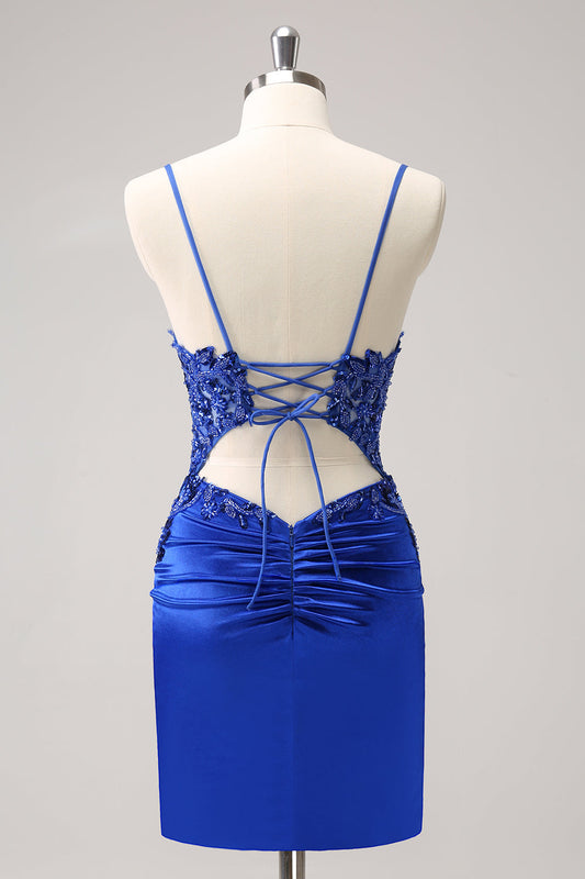 Robe Courte de Soirée Scintillante Bleu Roi à Paillettes avec Dos Lacé