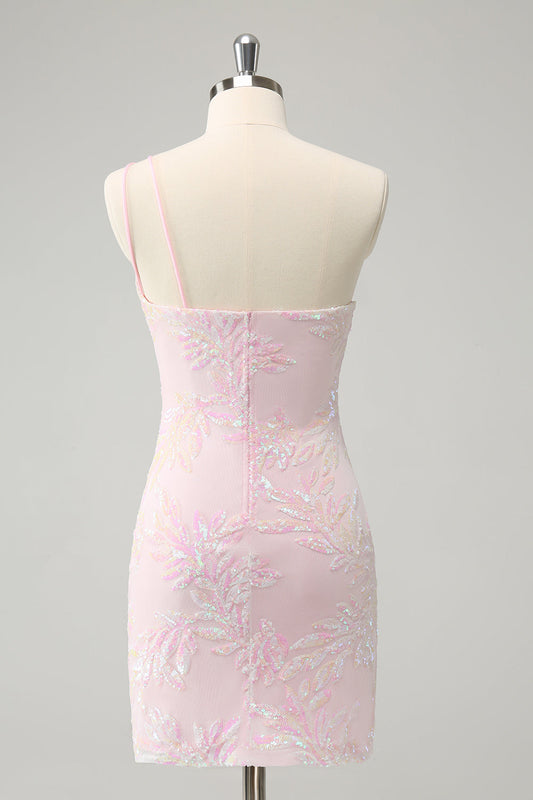 Robe de bal moulante rose pailletée à une épaule avec sequins