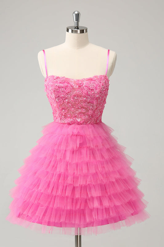 Robe de bal courte mignonne en tulle à fleurs étagées, bretelles spaghetti ligne A rose pailleté