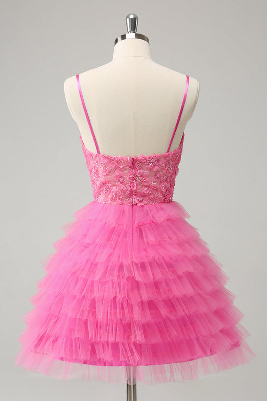 Robe de bal courte mignonne en tulle à fleurs étagées, bretelles spaghetti ligne A rose pailleté