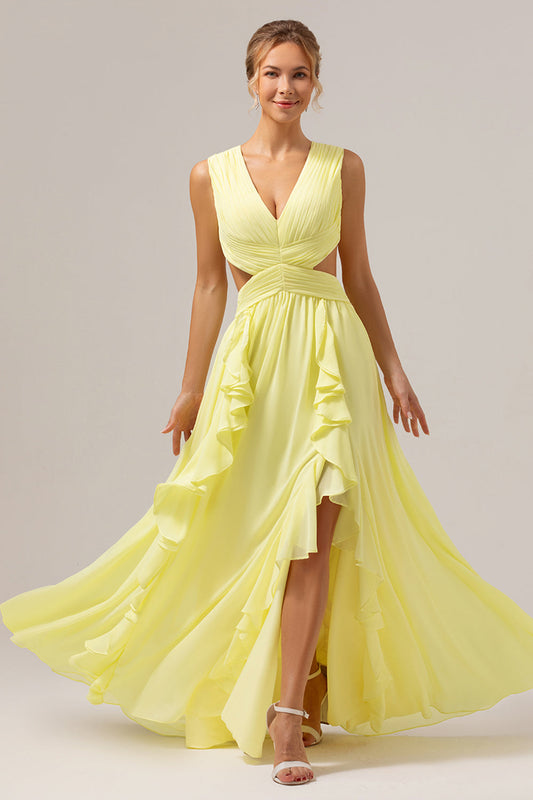 Robe de demoiselle d'honneur longue jaune citron à volants, coupe trapèze et dos lacé