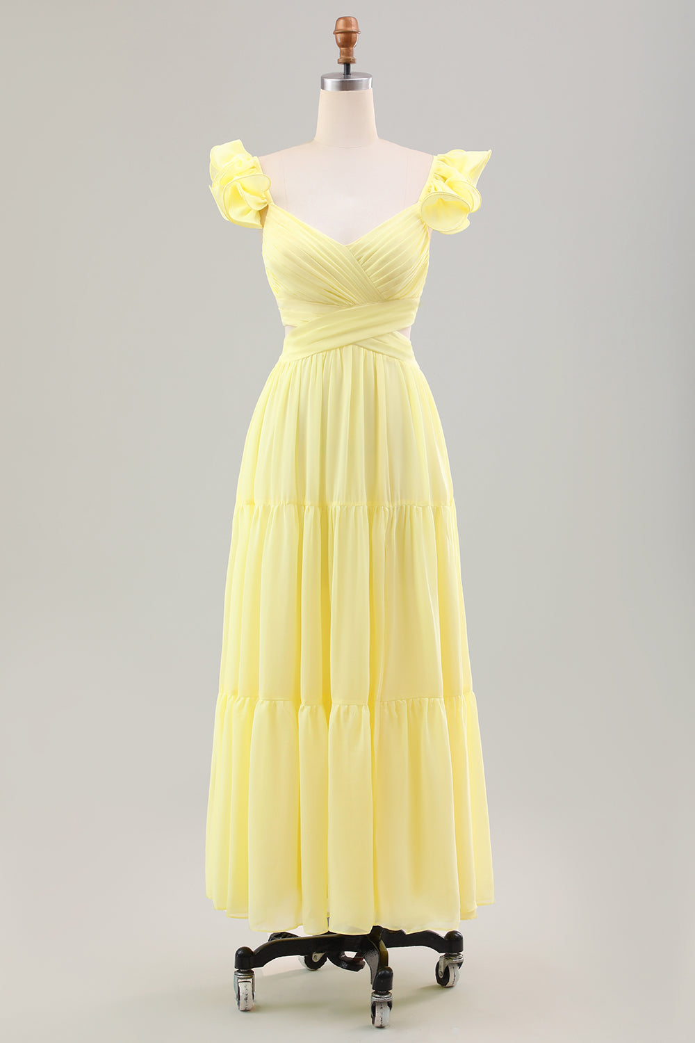 Simple Lemon Yellow A-Line Pleated Ruffled Wedding Guest Dress