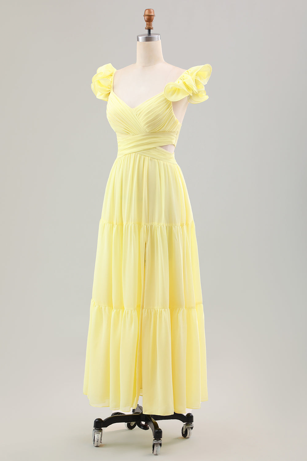 Simple Lemon Yellow A-Line Pleated Ruffled Wedding Guest Dress