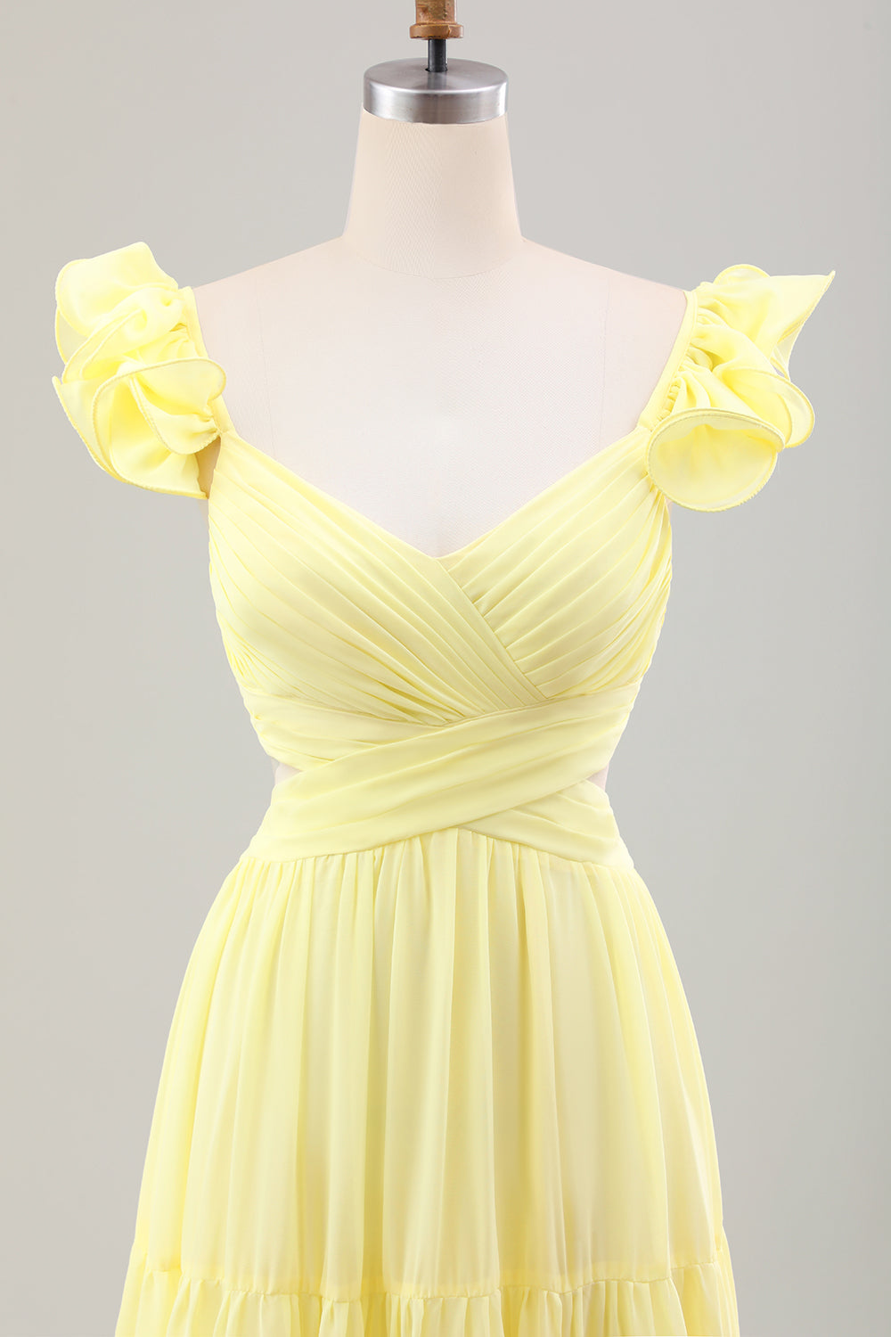 Simple Lemon Yellow A-Line Pleated Ruffled Wedding Guest Dress