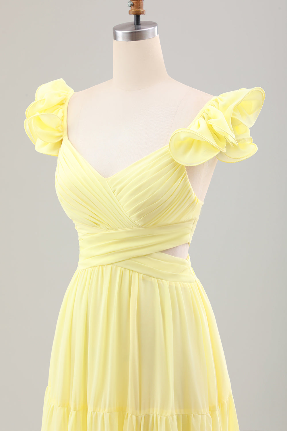 Simple Lemon Yellow A-Line Pleated Ruffled Wedding Guest Dress