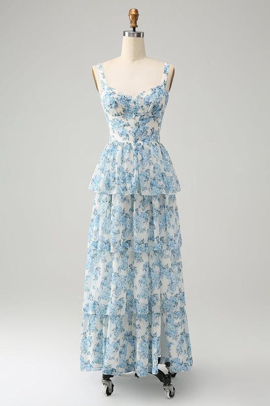 Robe Fleurie Étagée de Corset Blanc Bleu pour Invitée de Mariage