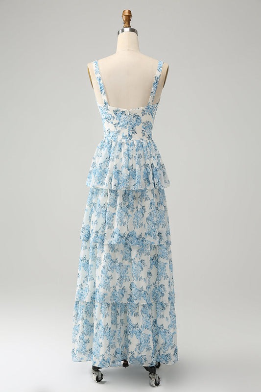 Robe Fleurie Étagée de Corset Blanc Bleu pour Invitée de Mariage