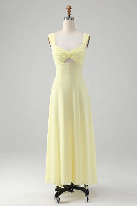 Robe de demoiselle d'honneur longue trapèze avec fente et col rond jaune citron