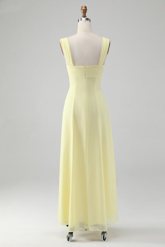Robe de demoiselle d'honneur longue trapèze avec fente et col rond jaune citron