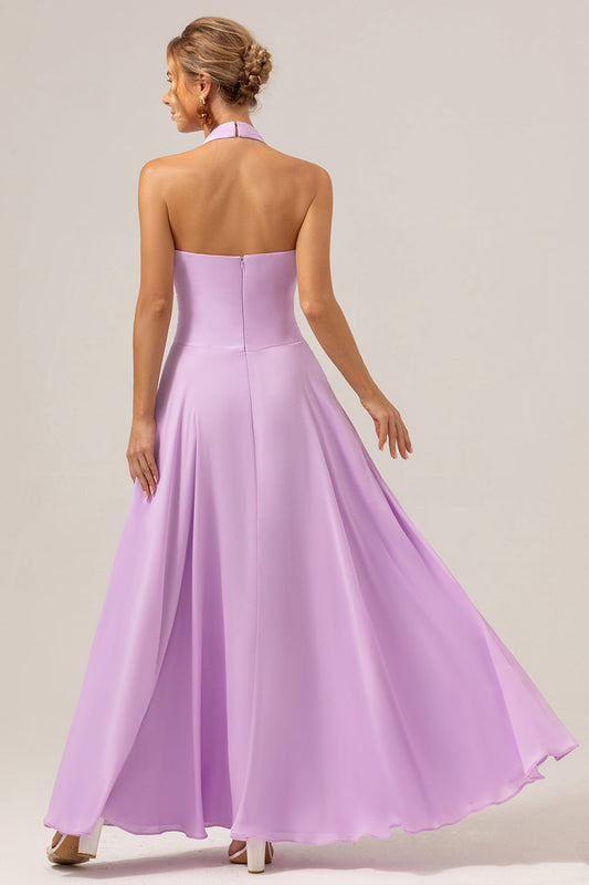 Robe de Demoiselle d'Honneur Longue Violette en Mousseline de Soie avec Licou et Dos Nu Coupe Évasée