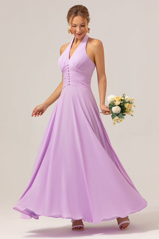 Robe de Demoiselle d'Honneur Longue Violette en Mousseline de Soie avec Licou et Dos Nu Coupe Évasée