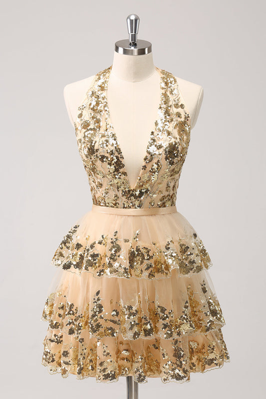 Robe Courte de Demoiselle d'Honneur Trapèze à Col Halter, Superposition de Paillettes, Dos Nu, Doré Scintillant
