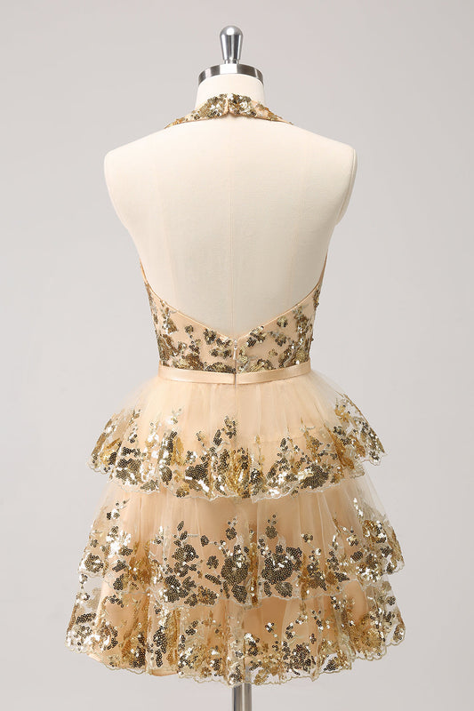 Robe Courte de Demoiselle d'Honneur Trapèze à Col Halter, Superposition de Paillettes, Dos Nu, Doré Scintillant