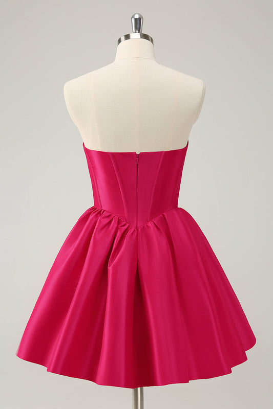 Robe de bal de fin d'année mignonne en satin, corset décolleté cœur, ligne A, couleur fuchsia