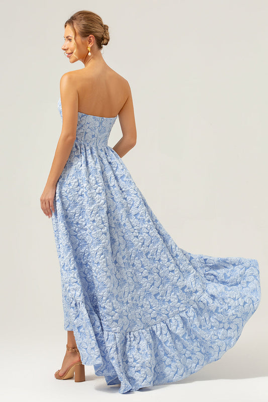 Robe de demoiselle d'honneur trapèze, bustier, bleu floral, asymétrique
