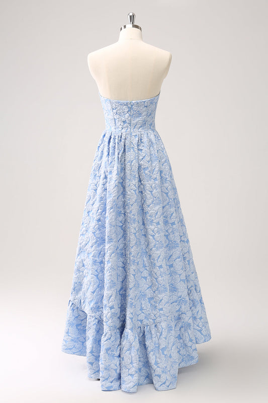 Robe de demoiselle d'honneur trapèze asymétrique bustier floral bleu