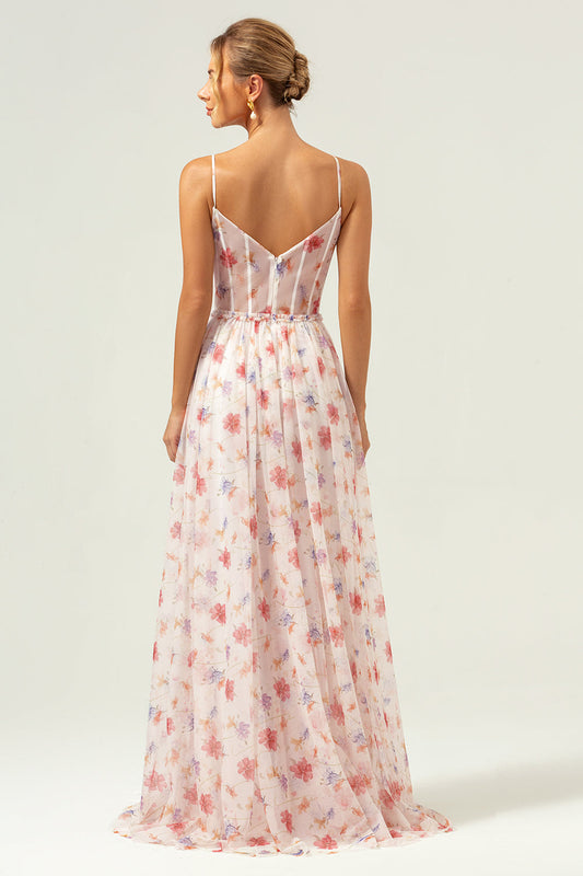 Robe de demoiselle d'honneur longue à bretelles spaghetti et corset, ligne A, motifs floraux rouges et blancs