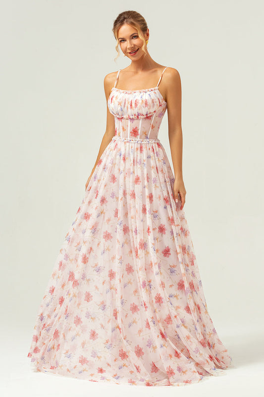 Robe de demoiselle d'honneur longue à bretelles spaghetti et corset, ligne A, motifs floraux rouges et blancs