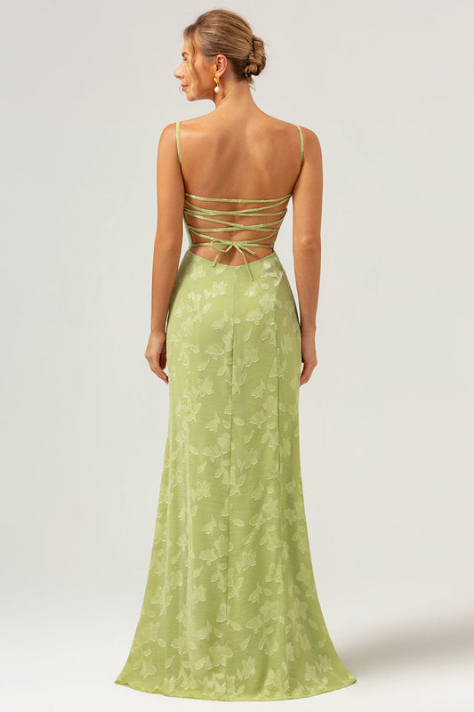 Robe de demoiselle d'honneur vert sirène à bretelles spaghetti brodée avec dos à lacets