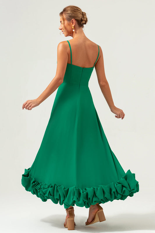 Robe de demoiselle d'honneur longue en mousseline vert émeraude, coupe trapèze, bretelles spaghetti