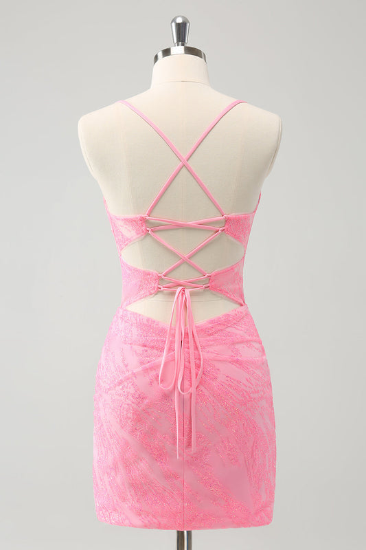 Robe de bal corset moulante à fines bretelles roses avec dos lacé