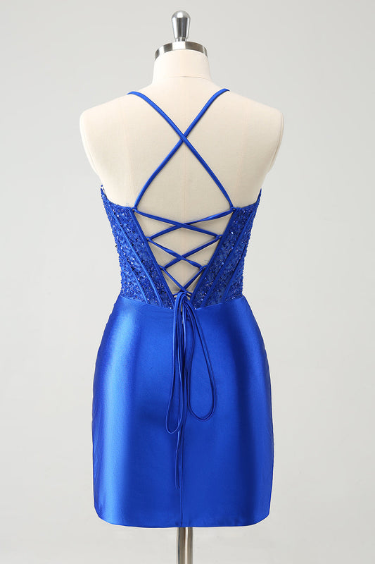 Robe de bal courte moulante corset bleu roi scintillant avec dos lacé