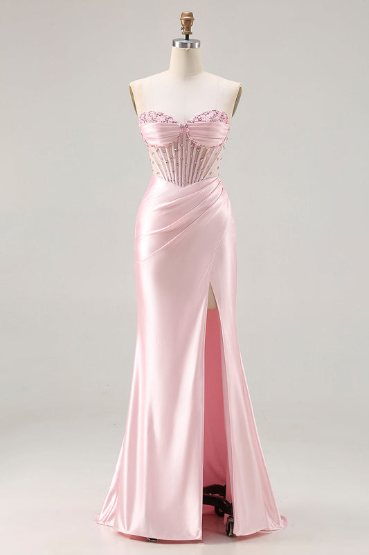 Strapless Pink Mermaid Beaded Long Corset Prom Dress with Slit