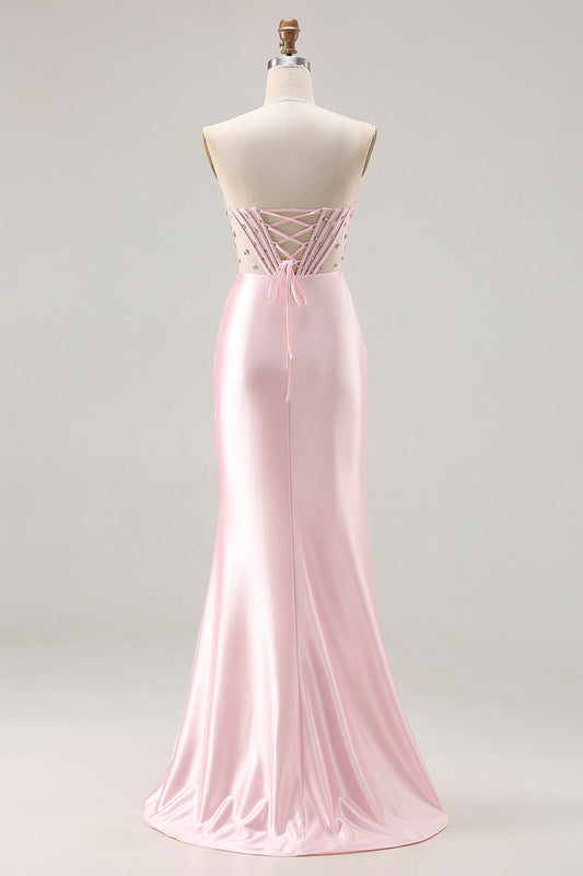 Strapless Pink Mermaid Beaded Long Corset Prom Dress with Slit